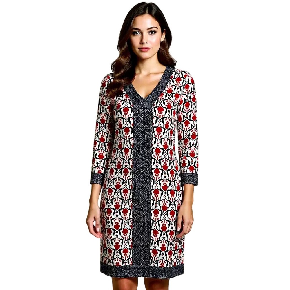 Brooks Brothers 346 Womens XS Red Navy Geometric Medallion V-Neck Shift Dress